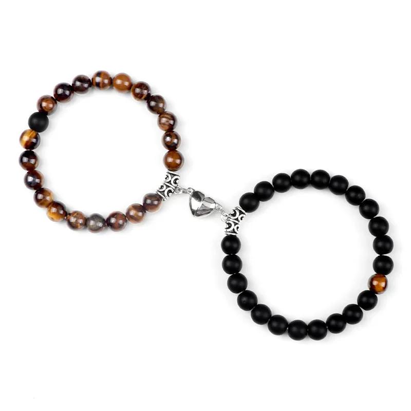 Hot Sale 2Pcs/Set Beads Bracelet For Lovers Natural Stone Distance Heart Magnet Couple Bracelets Friendship Fashion Jewelry Gift