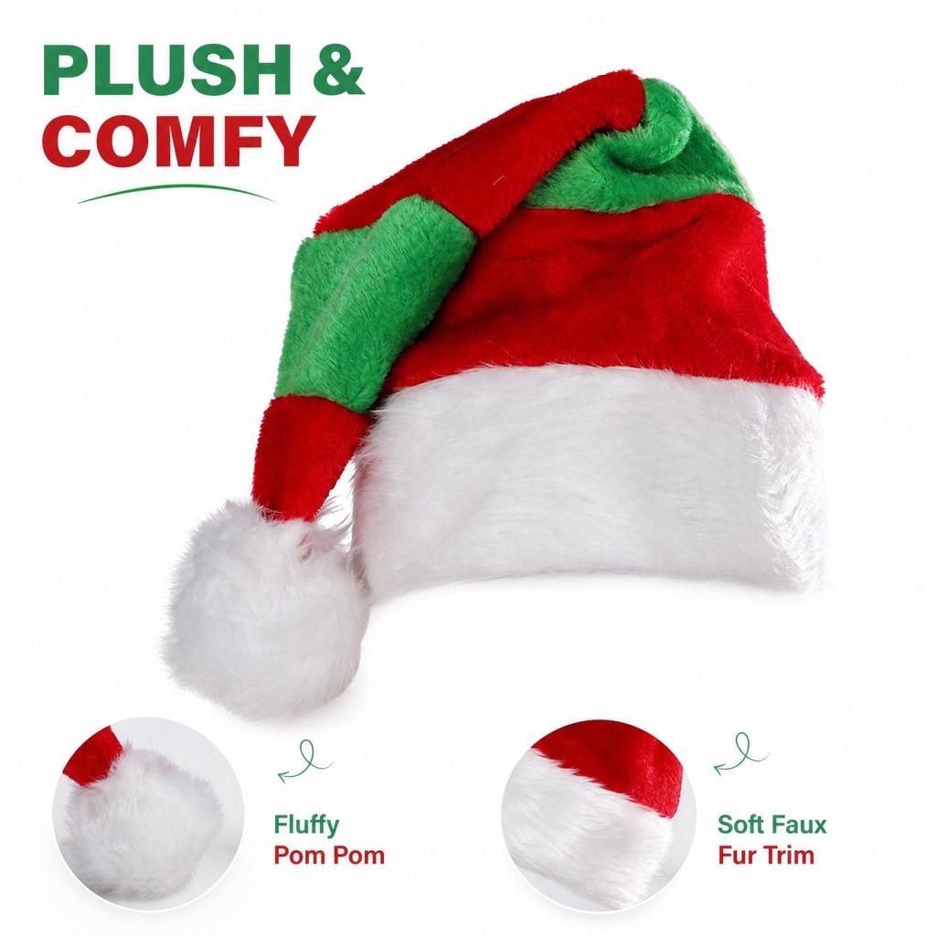Christmas Plush Santa Hat with Red and Green Patchwork and Red and Design for Holiday Parties