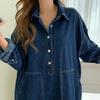 LYRIA Loose Korean Drawstring Denim Dress Women Chic Split Women's Dresses Elegant Blue Pocket Dresses