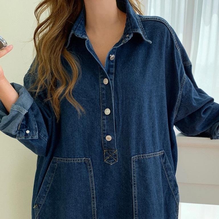 LYRIA Loose Korean Drawstring Denim Dress Women Chic Split Women's Dresses Elegant Blue Pocket Dresses