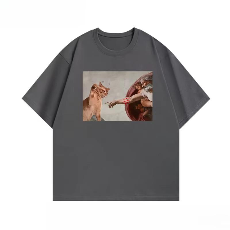 

God Reaches Out and Touches The Cat, Funny Print, The Same Loose Short-sleeved Top for Men and Women Autumn and winter innerwear 4XL