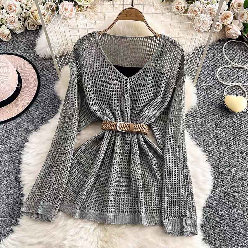 

Женский свитер Весна Лето Ажурный вязаный свитер Однотонный Защита от солнца Накидка Топы XL