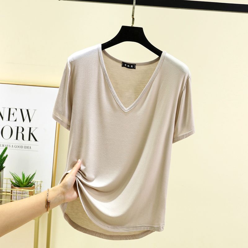 

Modal V-neck Short sleeve T-shirt Women Summer Thin Versatile Casual Top Solid Plus size Loose Half Sleeve Bottoming Shirt Beige M (recommended 45.00 kg-52.50 kg