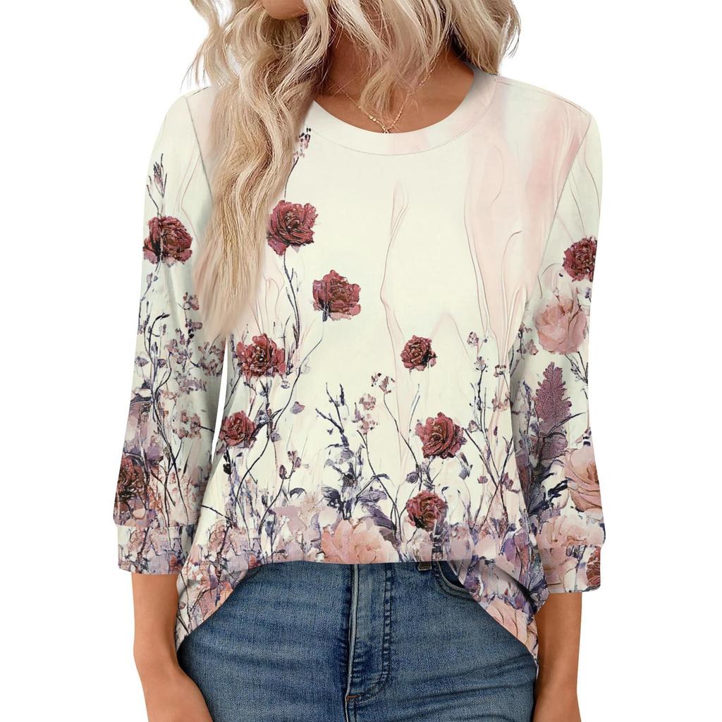 Women's Fashion Casual Round Neck 3/4 Sleeve Loose  Printed T-Shirt Ladies Top