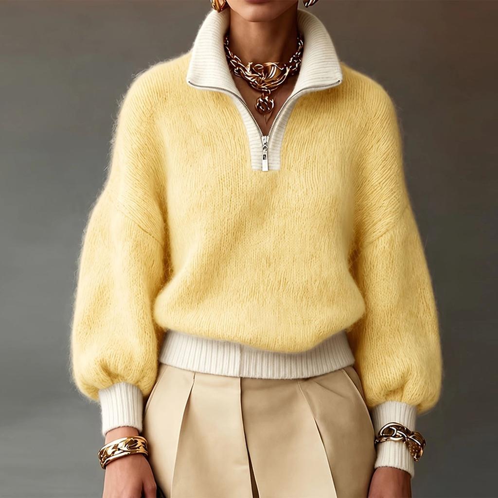 Women's Color Block Half-Zip Turtleneck Knit Sweater Top for Casual Wear