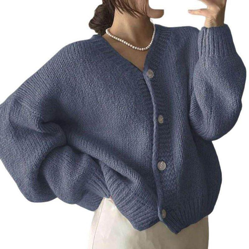 Knitted Cardigan for Women 2025 Autumn and Winter New Style Casual Loose V Neck Lantern Sleeve Knitted Sweater Top Pullover Sweater for Women