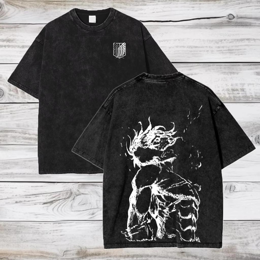 Hotblooded Anime Attack on Titan Graphic Print Tshirt Men Women Vintage Washed Oversized Cotton Summer New Tee Oversized Tops