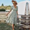 Women Summer Casual V Neck Striped Short Sleeve Button Dress Medium Long With Tassel