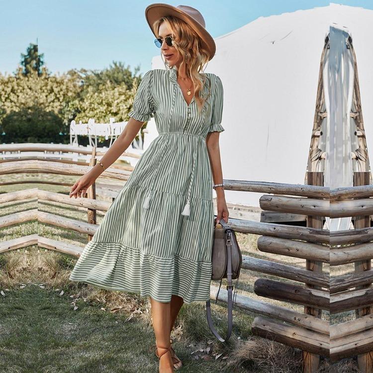 Women Summer Casual V Neck Striped Short Sleeve Button Dress Medium Long With Tassel