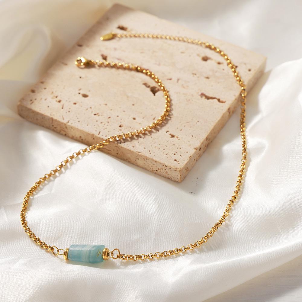 European-American Retro Geometric Natural Stone Pendant Necklace in Gold-Plated Titanium Steel