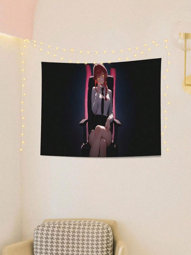 Mysterious RedHaired Anime Girl Tapestry Moody Neon Pink Backlit Throne Scene For Edgy Bedroom Decor Anime Enthusiasts