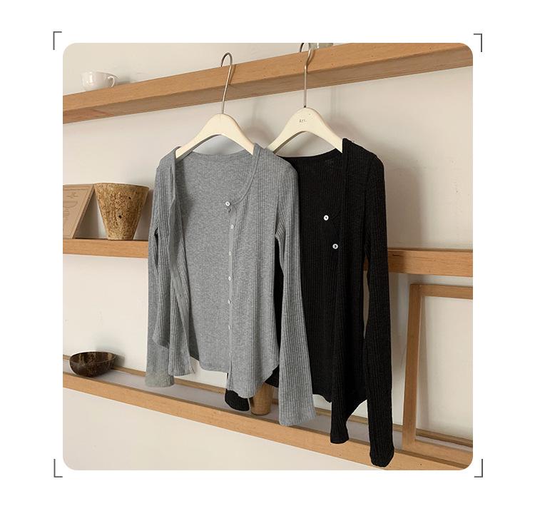 Korean Style Grey Round Neck Knit Cardigan for Women - Autumn/Winter Slimming Long Sleeve Top