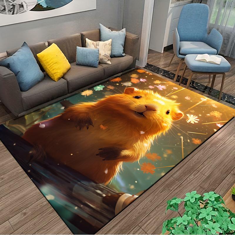 Cute Golden Hamster With Floral Background Printed Carpet Decor Suitable for use as an anti-slip for living room bedroom sofas
