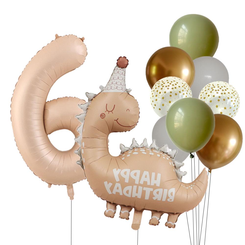 Retro Matte Caramel Colored Dinosaur Aluminum Film Number Balloon Set Happy Birthday Party Decoration Kids Background Photo Prop