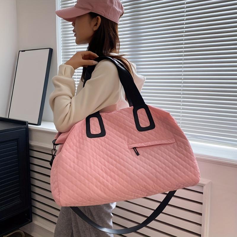 Women's Large Capacity Quilted Travel Duffel Bag with Rhombus Pattern,Solid Color Overnight Bag with Multiple Pockets, Women's Leisure Tote Bag