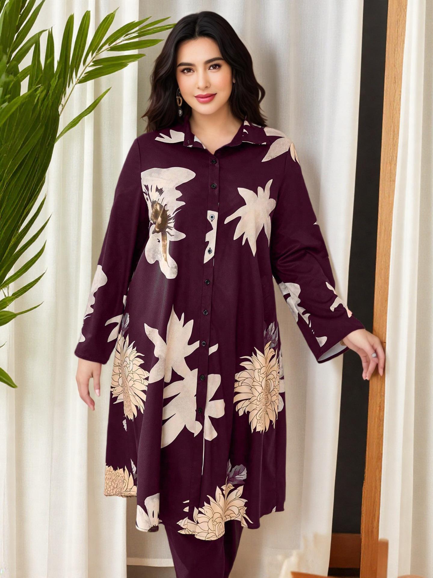 

Middle Eastern Plus Size Women s Red Floral Long Sleeve Shirt with Slimming Pants Set 2XL червоний/квітковий