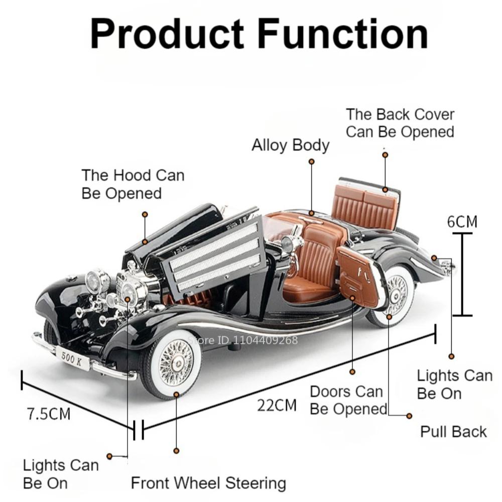 1:24 Scale 500K 300SL Vintage Car Toy Model Alloy Diecast Doors Opened Sound Light Pull Back Miniature Models Hobby Ornament