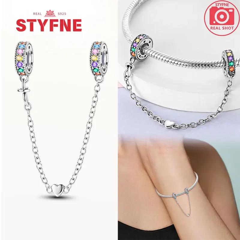 Real Silver 925 Star and Moon Flower Heart Safety Chain Wearable Jewelry Gift Bracelet DIY Beads for Women