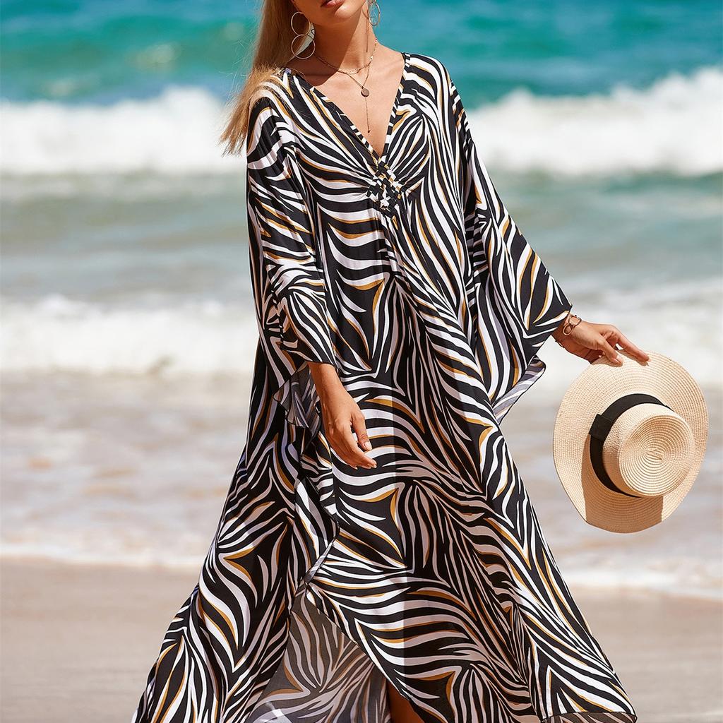 Women's Fashion Vacation Summer Spring Zebra Print Long Sleeve V-Neck Casual Dresses