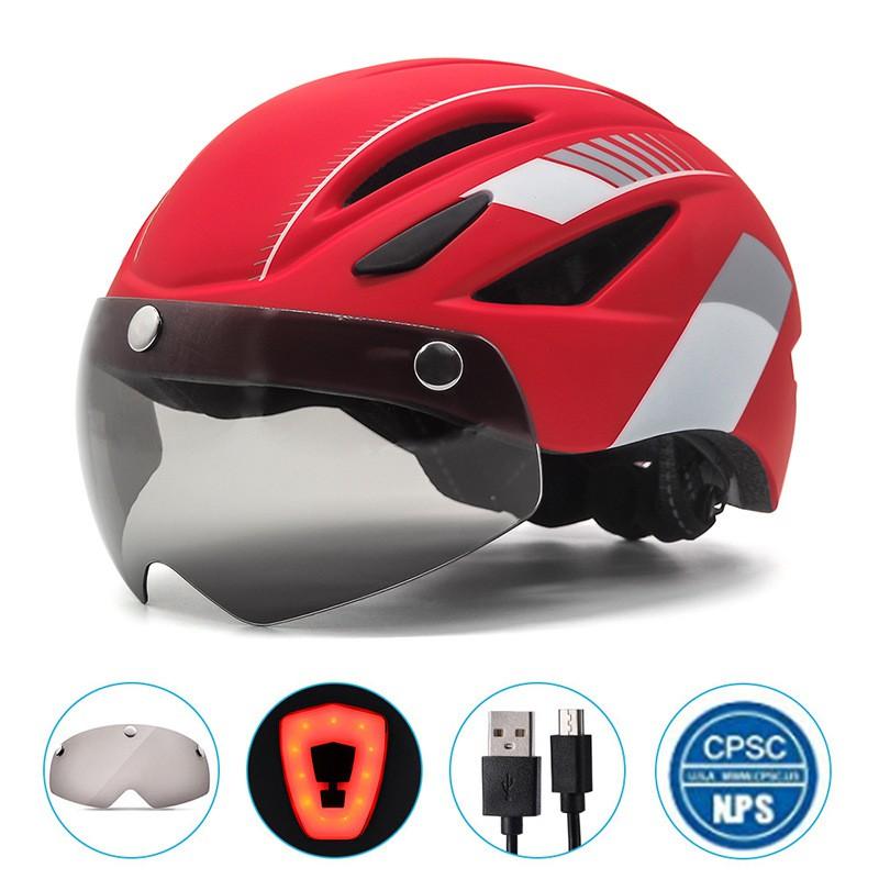 Adult Cycling Helmet With Magnetic Sunglasses Integrated Rear Light EPSPC One-Piece Construction Road Bike Outdoor