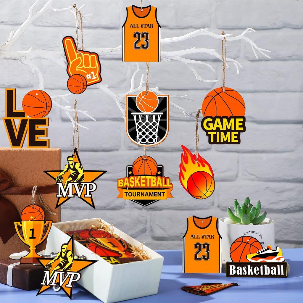 24 Pcs Basketball Wooden Ornament Basketball Cutout Wood DIY Crafts Wooden Hanging Ornaments with Twines for Party Decoration