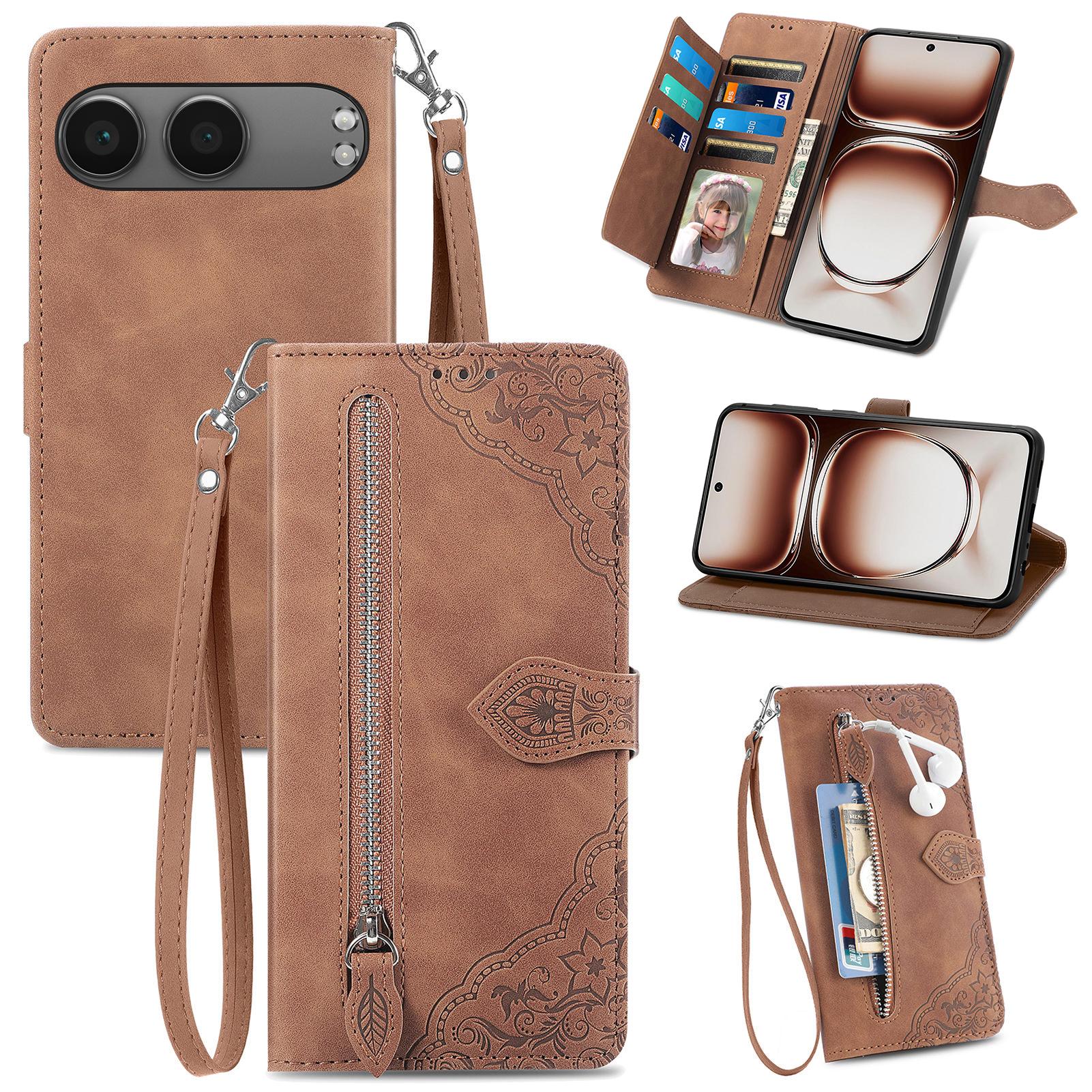 

Для OnePlus Nord 4 чехол-кошелек на молнии с ремешком и цветочным принтом чехол для телефона из искусственной кожи Brown