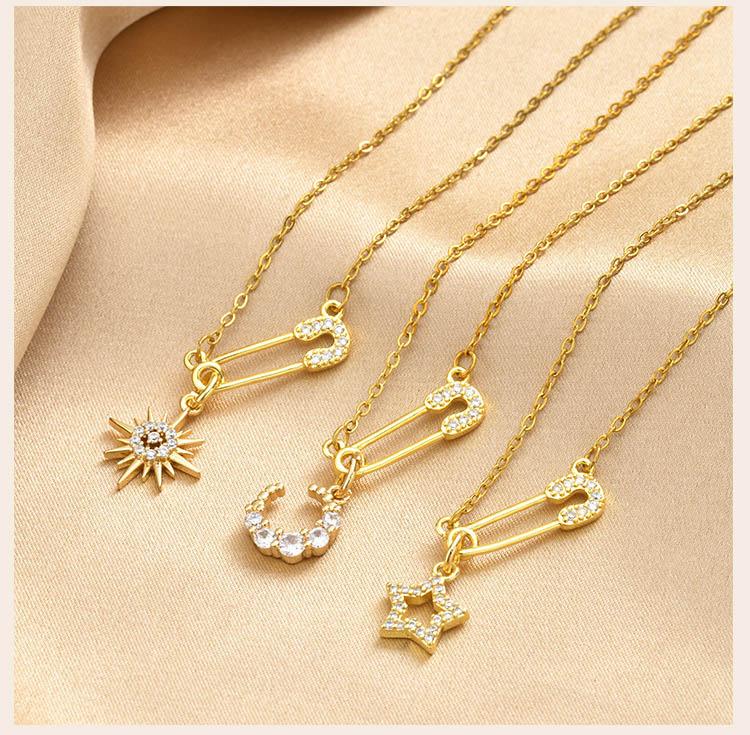 Safety Pin Necklace Pave CZ Star Moon Sun Charms Pendant Jewelry for Women