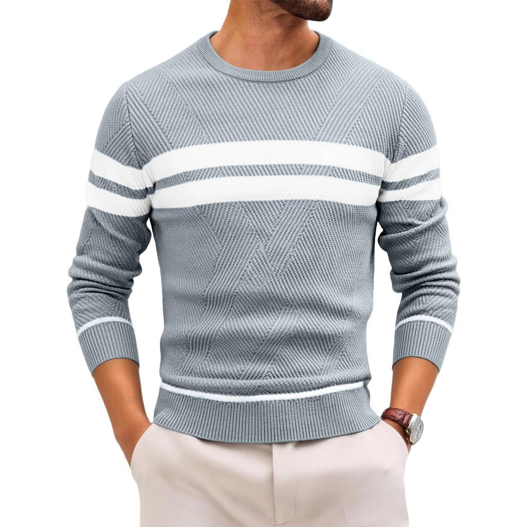 Mens Striped Print Pullover Sweater Slim Fit Lightweight Neck Long Sleeve Jumper Sweaters