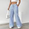Yousheng Women Long Pants Elastic Waist Striped Design Straight Wide Leg Trousers with Pockets Relaxed Fit Leisure Pants