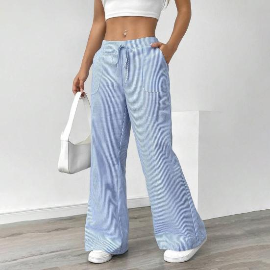 Yousheng Women Long Pants Elastic Waist Striped Design Straight Wide Leg Trousers with Pockets Relaxed Fit Leisure Pants