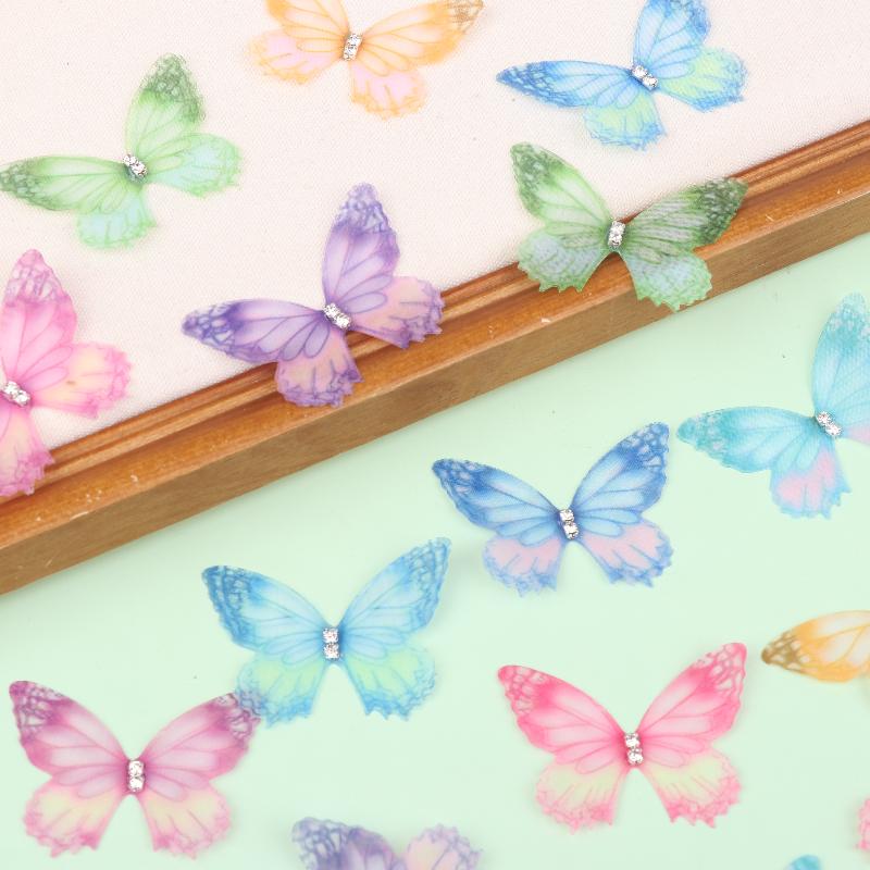 50Pcs 3D Organza Fabric Butterfly Appliques Gradient Color Double-Layer Simulation Mesh Butterfly Patch Translucent