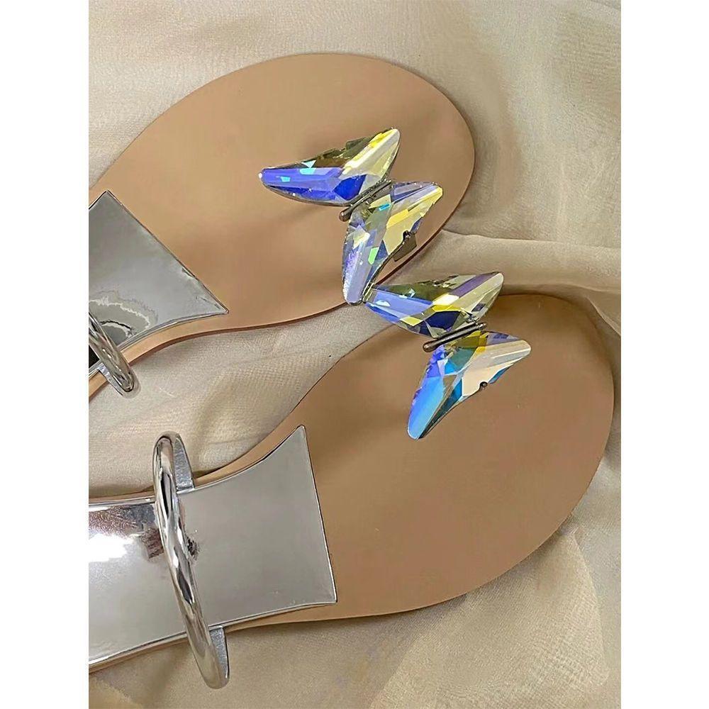 Flat-bottomed rhinestone butterfly cool slippers women's shoes 2025 new summer fairy wind French niche design sandals