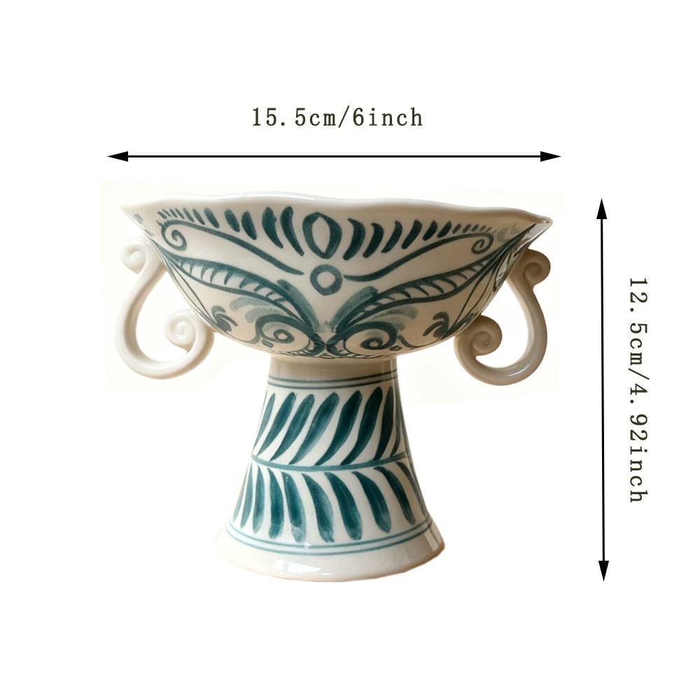 French Style Blue and White Ceramic Pedestal Fruit Bowl – Elegant Living Room Snack Dish A