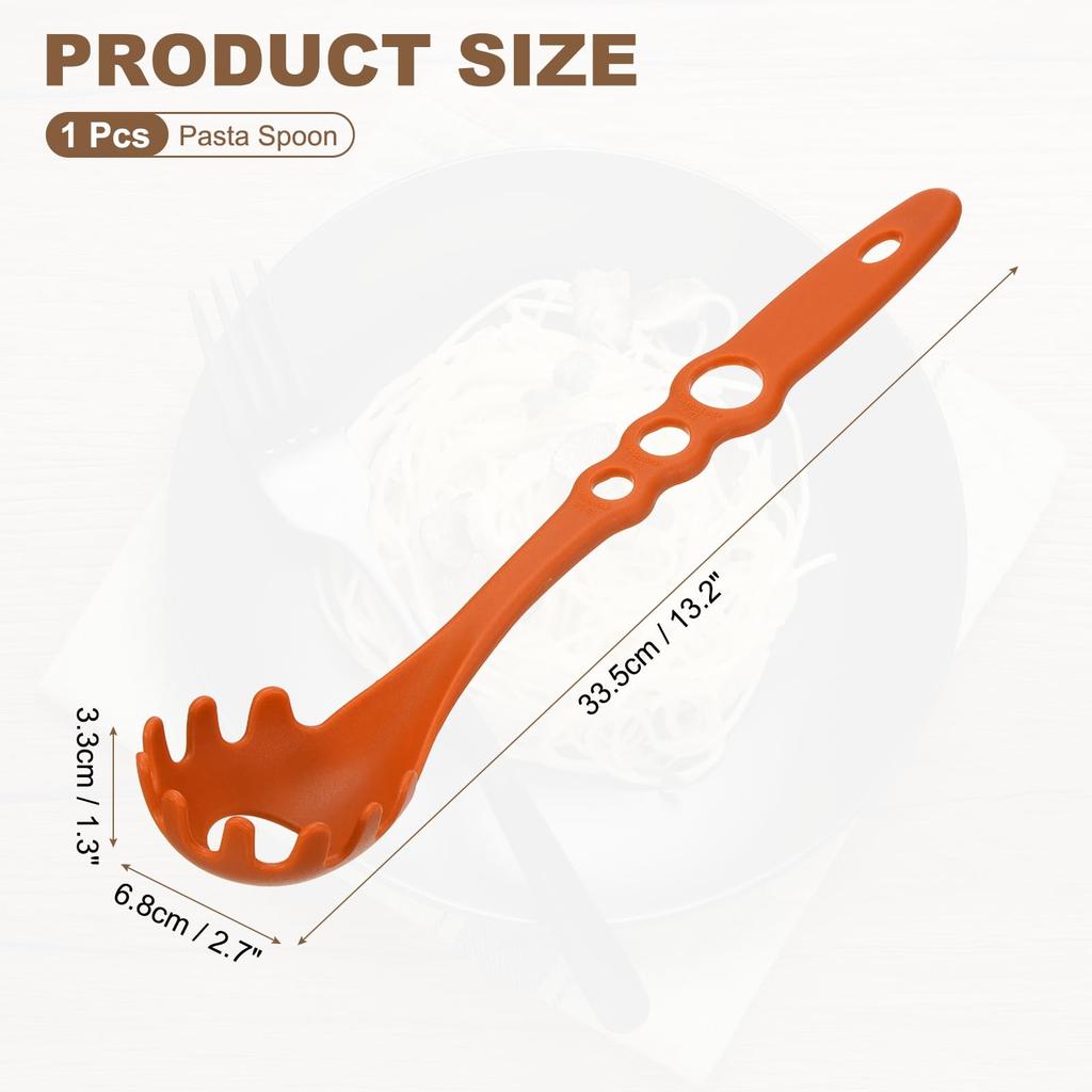 uxcell Toothed Pasta Spoon, Nylon Pasta Fork, Non-stick Heat-resistant Noodle Spoon, Strainer, Tongs, Kitchen Utensil with Measuring Hole, Orange