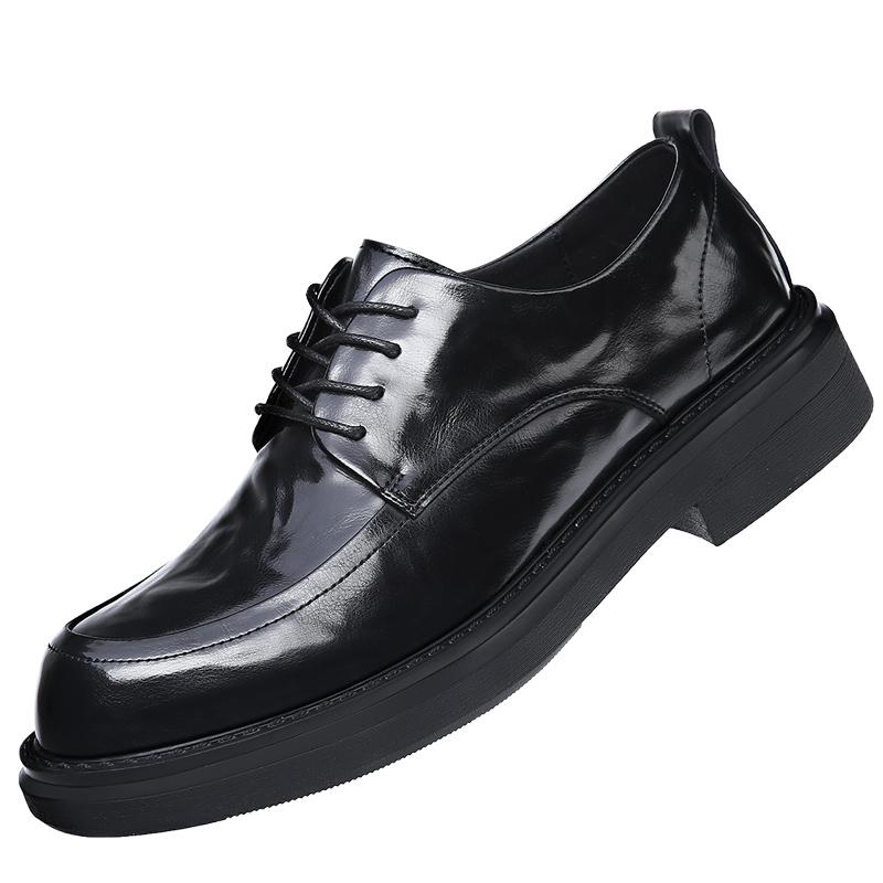 Autumn New Men's Round Toe Thick Soled Derby Shoes Fashion  Men's Comfortable Lace Up Leather Business Dress Shoes