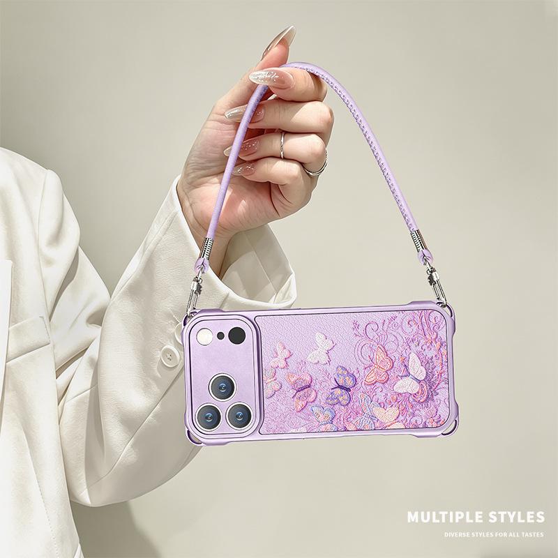 Color butterfly for iphone17promax Apple 13 mobile phone case 15 four-corner lanyard 16 silicone 14 crossbody