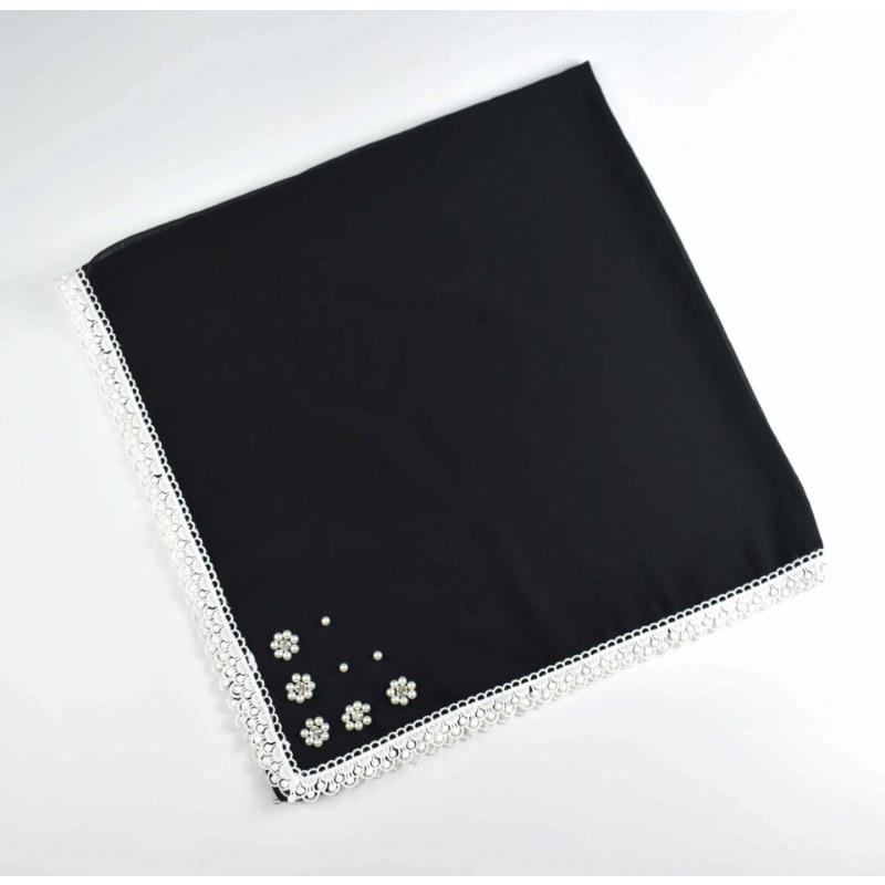 Monochrome Pearl Chiffon Square Scarf With Small Flower For Women