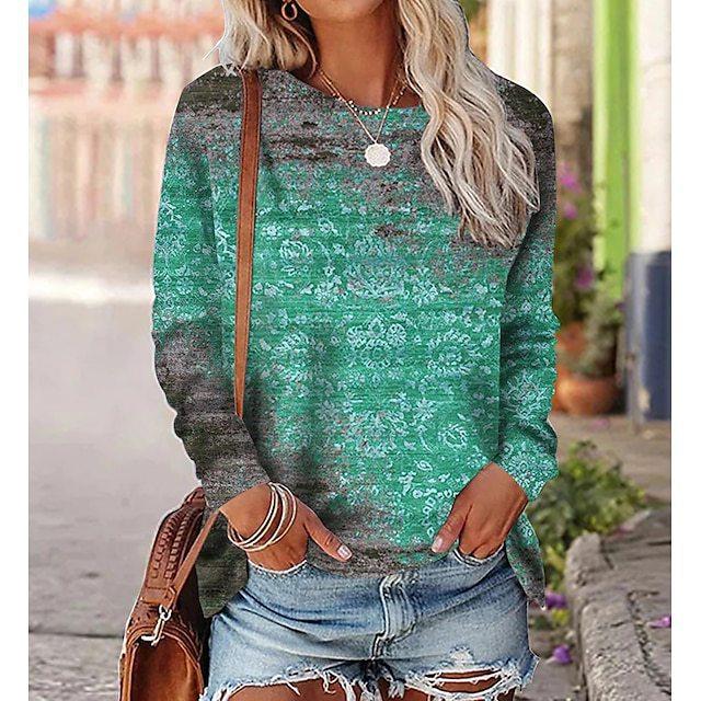 Jarní a podzimní dámská trička s kulatým výstřihem, 3D vintage květinovým potiskem, módní a ležérní s dlouhým rukávem