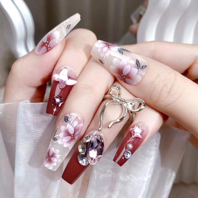 Medium Coffin Press On Nails with Rhinestones Designs Reusable Full Cover Glue On Fake Nails Press Ons Artificial False Nails Stick On Nails for Women