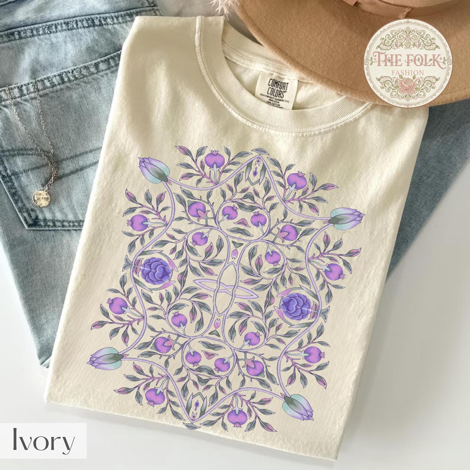 Pomegranate Folk Art Shirt, Botanical Purple Floral Tee, Vintage William Morris Style Top, Nature Lover Gift, Aesthetic Boho Flower T-Shirt XL