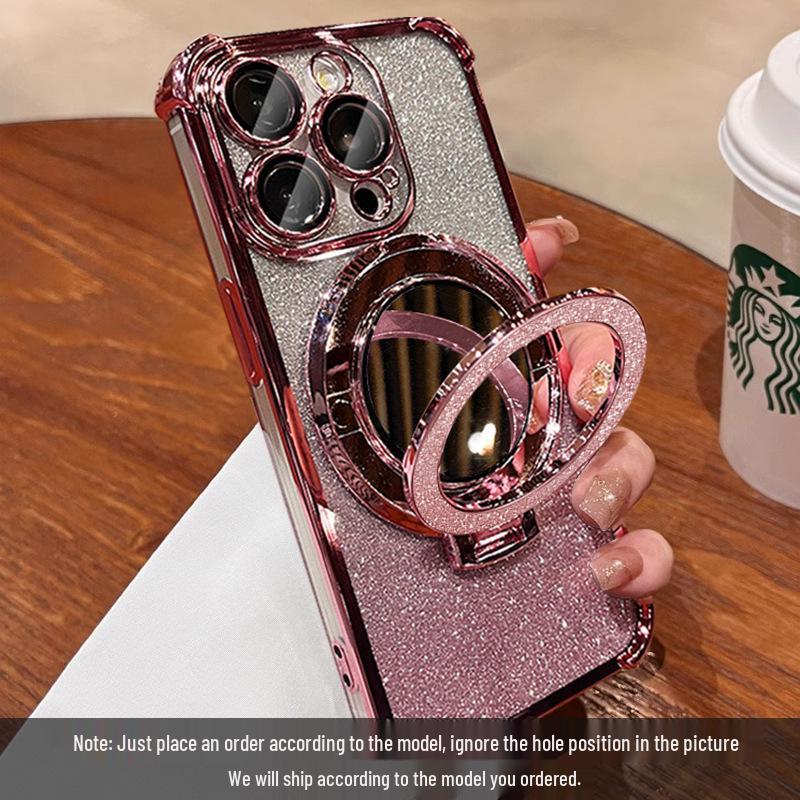 Compatible with iPhone 17/16 Pro Glitter Makeup Mirror Magnetic Stand Case, Airbag Drop-Proof for iPhone 14/15.