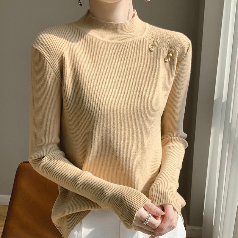 GMXIA Retro Disc Buckle Knitted Bottoming Shirt Women's Half-high Neck Pullover Jumper Temperament Fashionable Inner Warm Jumper