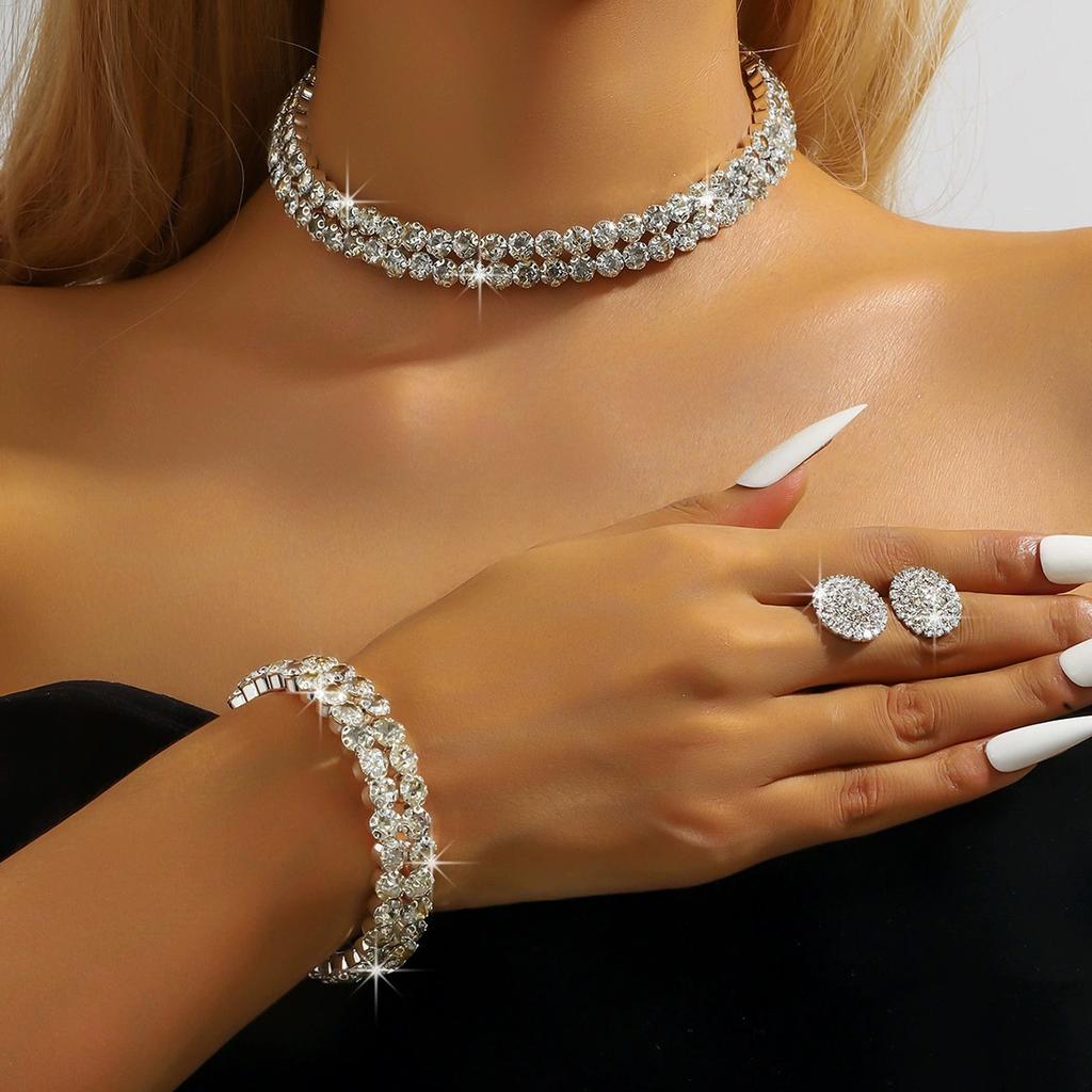Full Diamond Multi-Layer Neck Chain Simple Long Fringed Necklace Earrings Collarbone Chain