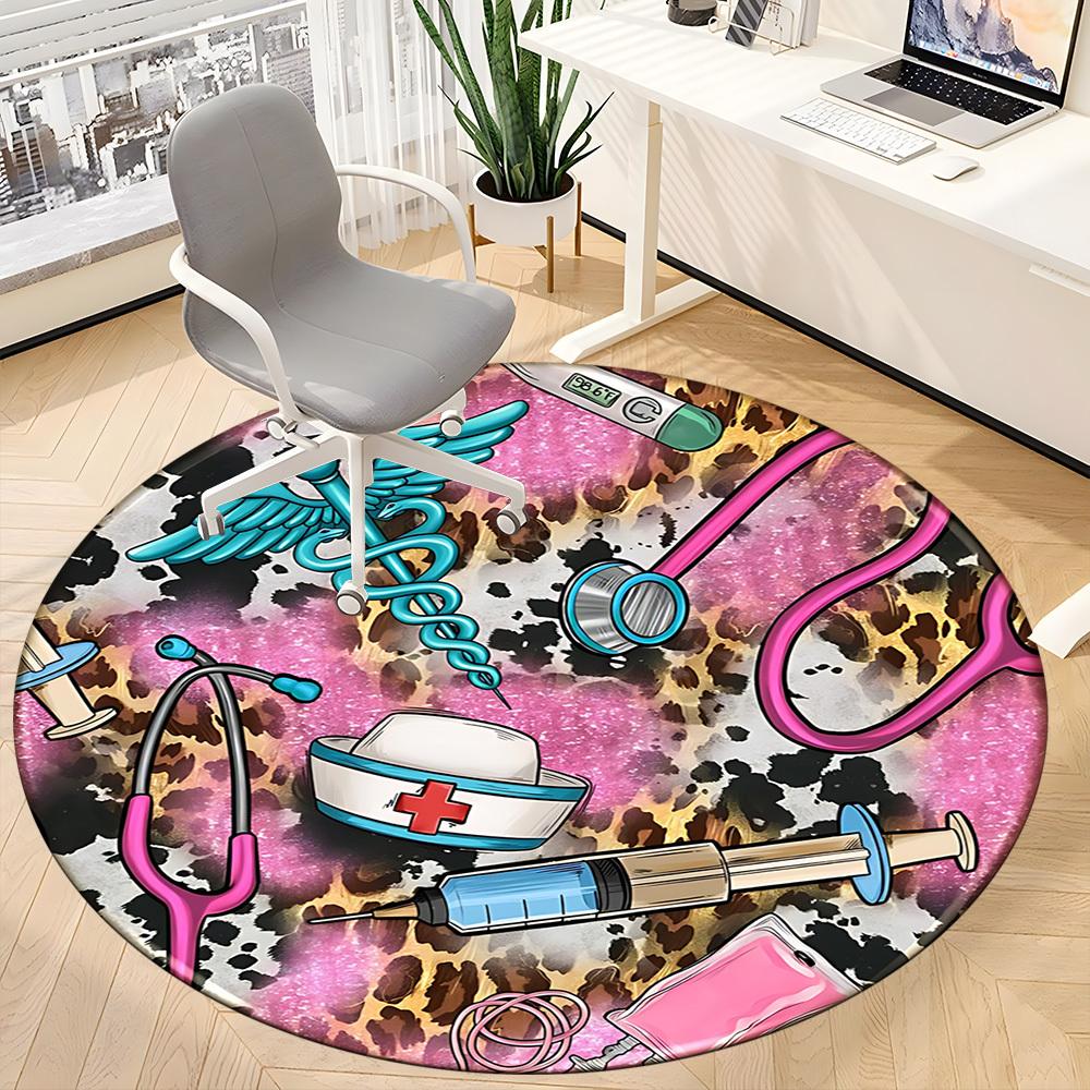 1pc Leopard Nurse Print Chair Carpet for Office, Round Polyester Mat, Indoor Decor for Office, Washable Non-slip Carpet yy251219007