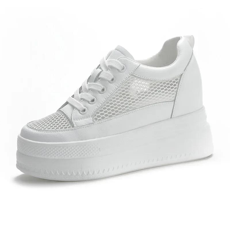 Fashion 9CM Air Mesh Genuine Leather Women Fashion Casual Shoes Platform Wedge Chunky Sneaker Women Summer Hidden Heel Vulcanize