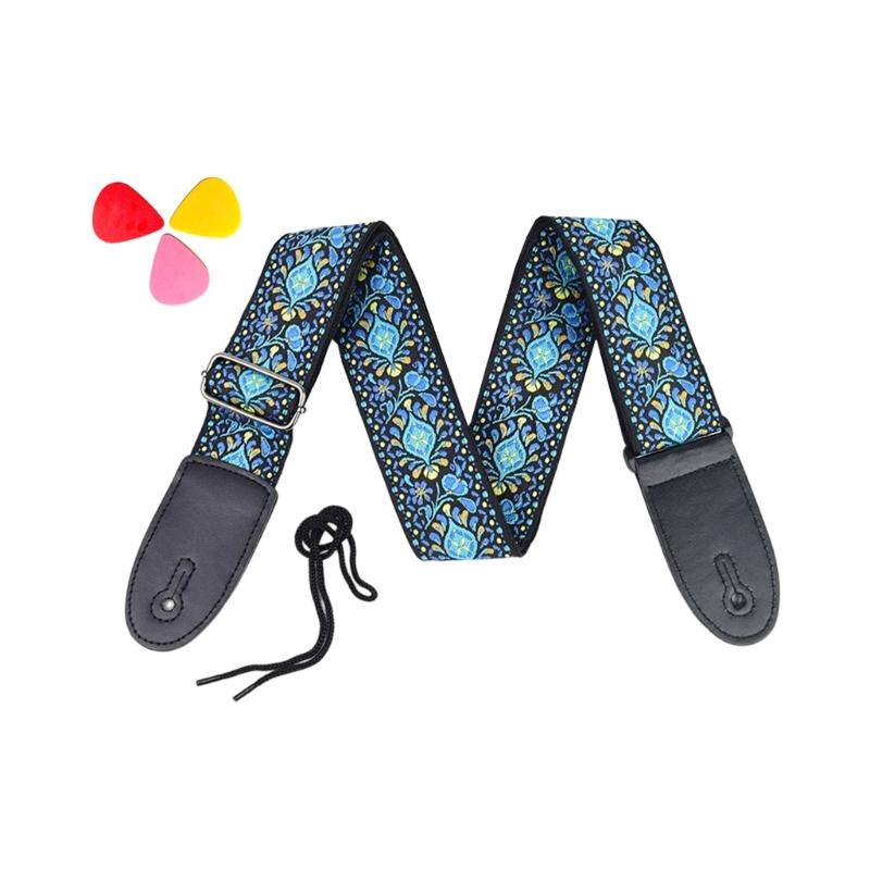 Weaving PU Leather Ends Guitar Strap, Soft Adjustable Comfortable Cotton Acoustic Guitar Strap for Electric Guitar Bass