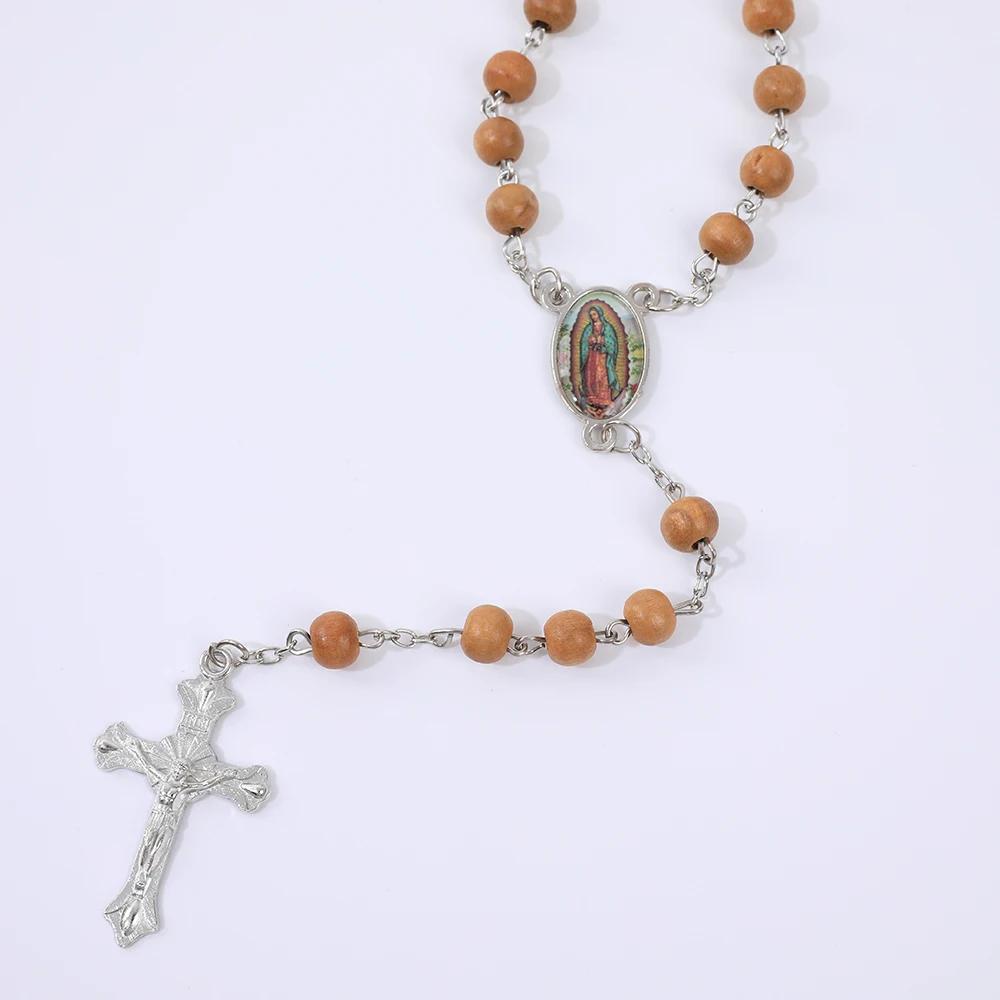 Dřevěný růženec Náhrdelník Pro Ženy Muže Náboženský Panna Marie Kříž Přívěsek 6MM Dlouhý Korálky Řetízek Katolický Modlitební Večírek Šperky