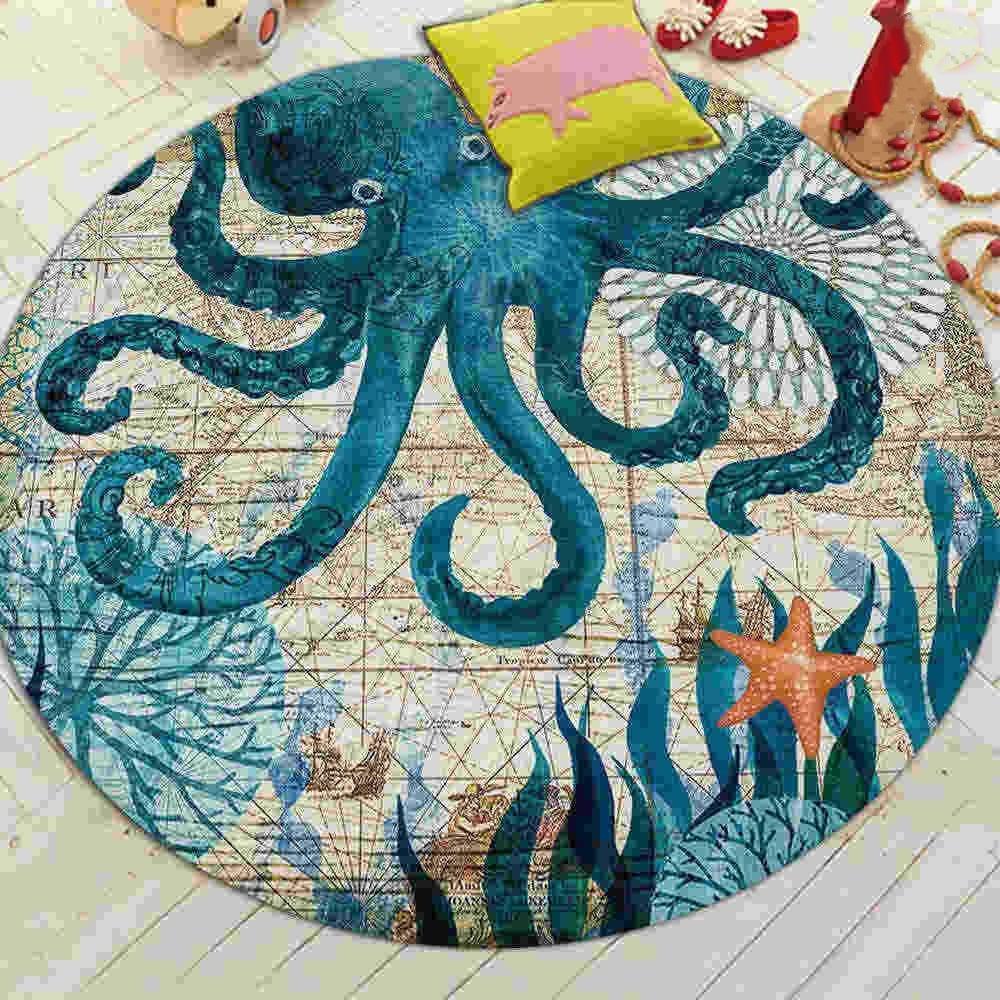 Miracille Coral Velvet Computer Chair Floor Mat Sea Turtle Octopus Printed Round Carpet para crianças Quarto Play Tent Area Tapete