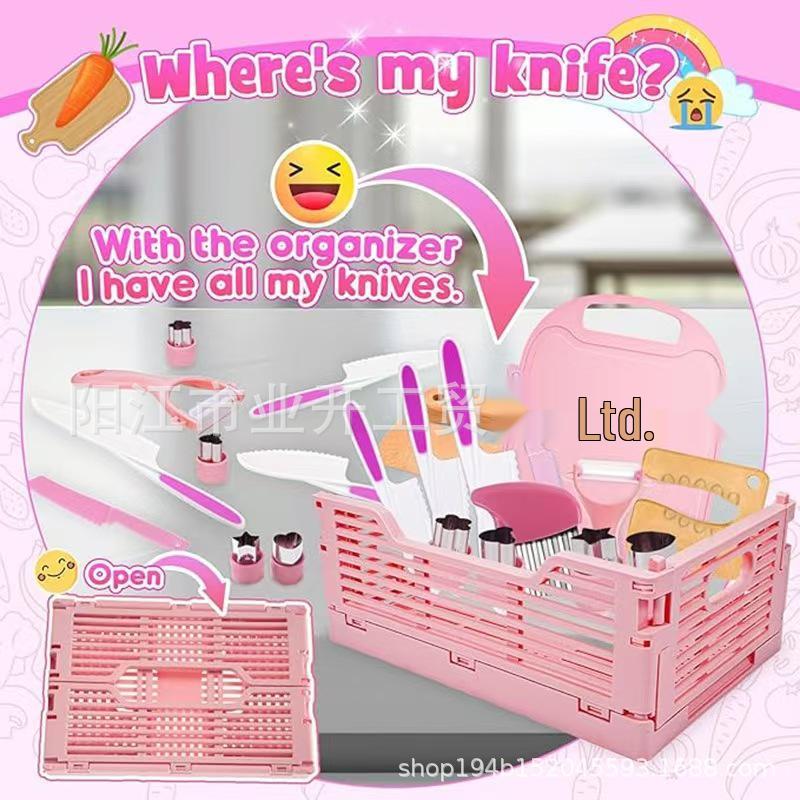 Kids' Safe Fruit Knife Set for Early Education with Folding Plastic Storage Basket