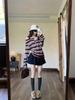 Korean Style One-Shoulder Contrast Stripe Patchwork Long-Sleeve T-Shirt with Spaghetti Straps for Women - Spring/Autumn Chic Top